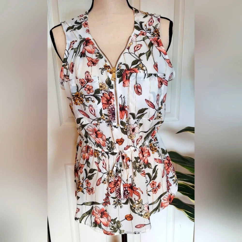 UK2LA Sleeveless Floral Blouse | Womens Large | Elastic Waist | Gold Zipper